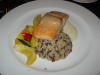 Dinner of salmon, rice, and vegetables (yellow and green squash and peppers.) This was after salad and dinner rolls. 
